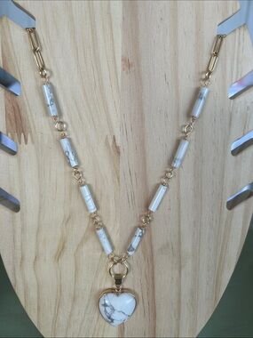 Gold-Accented White Howlite Heart Pendant necklace OOAK